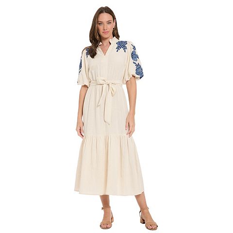 Женские платья London Women's London Times Ruffle Neck Bubble Embroidered Tiered Midi Dress