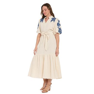 Women's London Times Ruffle Neck Bubble Embroidered Tiered Midi Dress