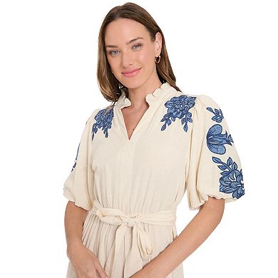 Women's London Times Ruffle Neck Bubble Embroidered Tiered Midi Dress