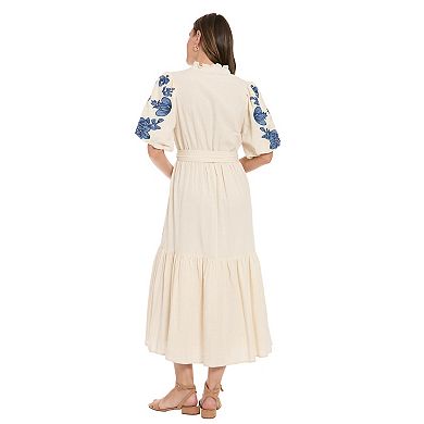 Women's London Times Ruffle Neck Bubble Embroidered Tiered Midi Dress