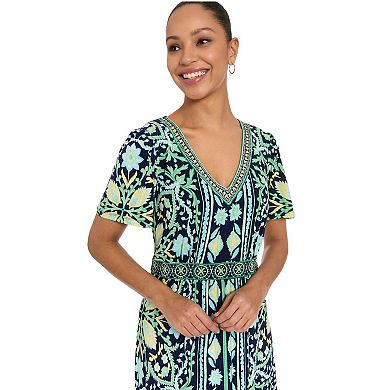 Women's London Times V-Neck Flutter Sleeve Maxi Dress