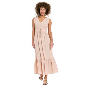 Women's London Times Smocked Tie Waist V-Neck Maxi Dress