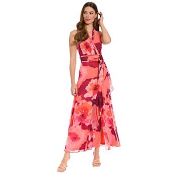 Women's London Times Halter Maxi Dress with Sash Belt