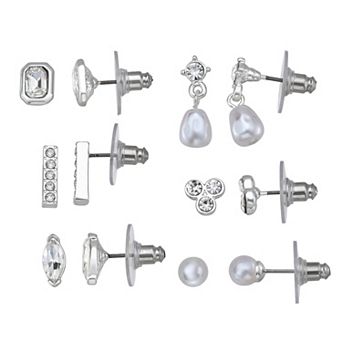 You're Invited 6-Pair Silver Tone Crystal & Simulated Pearl Stud Earring Set