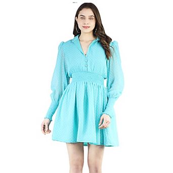 Artyska Women's Collared Puffed Long Sleeve Swiss Dot Chiffon Short Dress