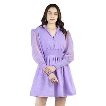 Artyska Women's Collared Puffed Long Sleeve Swiss Dot Chiffon Short Dress