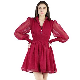 Artyska Women's Collared Puffed Long Sleeve Swiss Dot Chiffon Short Dress