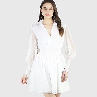 Artyska Women's Collared Puffed Long Sleeve Swiss Dot Chiffon Short Dress