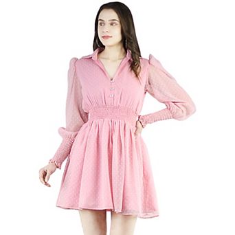Artyska Women's Collared Puffed Long Sleeve Swiss Dot Chiffon Short Dress