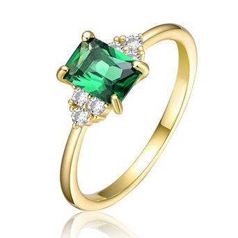 Sterling Silver 14k Gold Plated Emerald & Cubic Zirconia Solitaire Cluster Engagement Ring