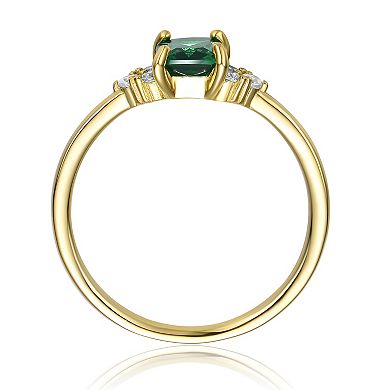 Sterling Silver 14k Gold Plated Emerald & Cubic Zirconia Solitaire Cluster Engagement Ring