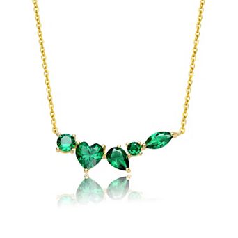 Sterling Silver 14k Gold-Plated Mixed Cut Emerald Cubic Zirconia Cluster Necklace