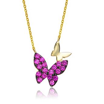 Sterling Silver 14k Gold-Plated Ruby Cubic Zirconia Double Butterfly Necklace