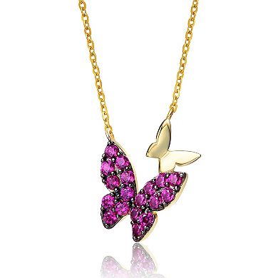 Sterling Silver 14k Gold-Plated Ruby Cubic Zirconia Double Butterfly Necklace