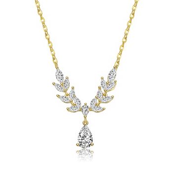 14k Gold over Sterling Silver Clear Cubic Zirconia Leaf Design Drop Necklace