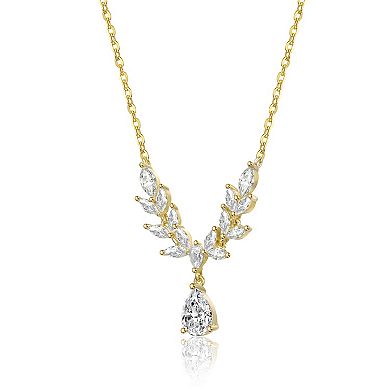 14k Gold over Sterling Silver Clear Cubic Zirconia Leaf Design Drop Necklace
