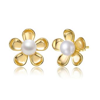 14k Gold Over Sterling Silver White Freshwater Pearl Daisy Flower Stud Earrings