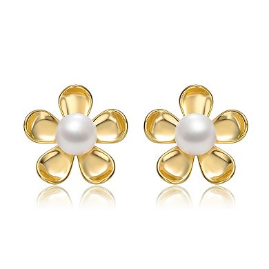 14k Gold Over Sterling Silver White Freshwater Pearl Daisy Flower Stud Earrings