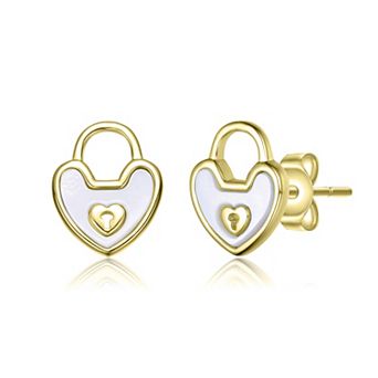 14k Gold Over Sterling Silver Heart Lock Design Stud Earrings