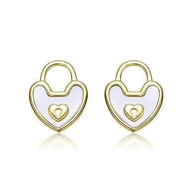 14k Gold Over Sterling Silver Heart Lock Design Stud Earrings