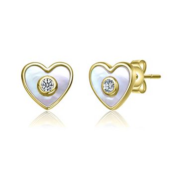 Kids 14k Gold over Sterling Silver Mother-of-Pearl & Cubic Zirconia Heart-Shaped Stud Earrings