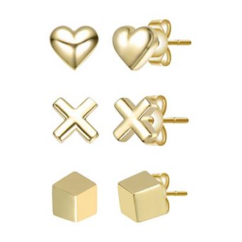 14k Gold Over Sterling Silver Heart, Cross & Cube 3 pc Stud Earrings Set