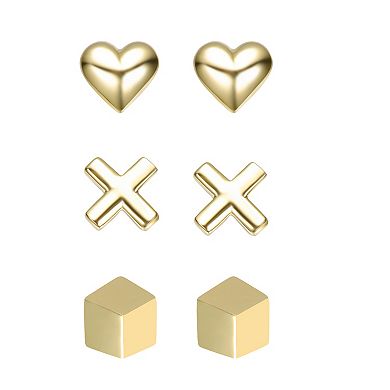 14k Gold Over Sterling Silver Heart, Cross & Cube 3-Piece Stud Earrings Set