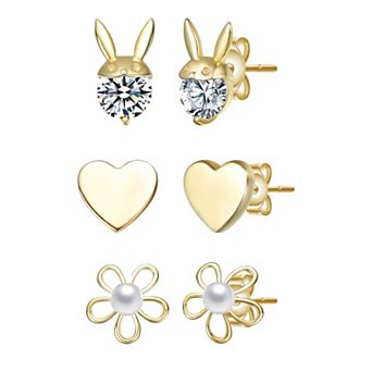 14k Gold over Sterling Silver 3-Pair Cubic Zirconia & Mother-of-Pearl Rabbit, Heart & Flower Stud Earring Set