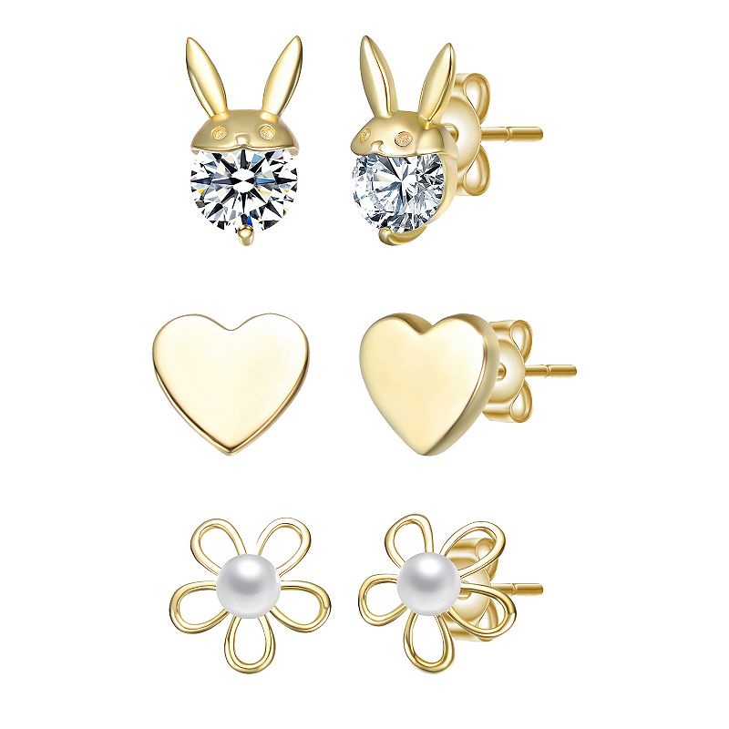14k Gold over Sterling Silver 3-Pair Cubic Zirconia & Mother-of-Pearl Rabbit, Heart & Flower Stud Earring Set, Women's, Gold Tone