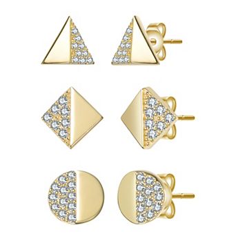 14k Gold over Sterling Silver 3-Pair Cubic Zirconia Triangle, Square & Circle Stud Earring Set