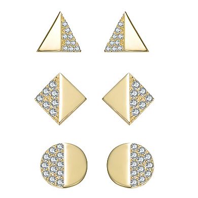 14k Gold over Sterling Silver 3-Pair Cubic Zirconia Triangle, Square & Circle Stud Earring Set