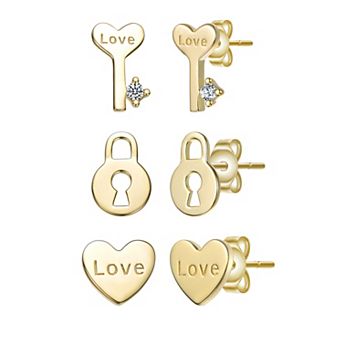 14k Gold over Sterling Silver 3-Pair Cubic Zirconia Heart, Key & Lock Stud Earring Set
