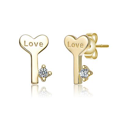 14k Gold over Sterling Silver 3-Pair Cubic Zirconia Heart, Key & Lock Stud Earring Set