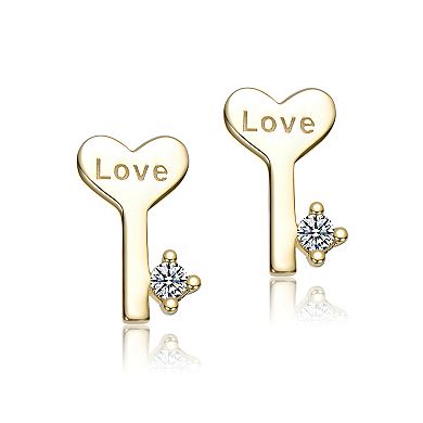 14k Gold over Sterling Silver 3-Pair Cubic Zirconia Heart, Key & Lock Stud Earring Set