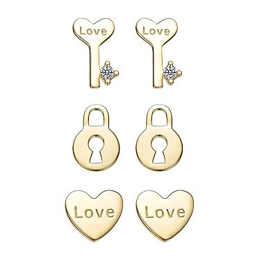 14k Gold over Sterling Silver 3-Pair Cubic Zirconia Heart, Key & Lock Stud Earring Set