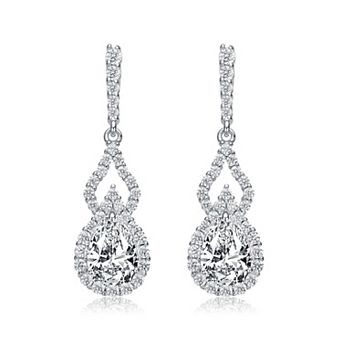 Sterling Silver Cubic Zirconia Halo Open Pear Drop Earrings