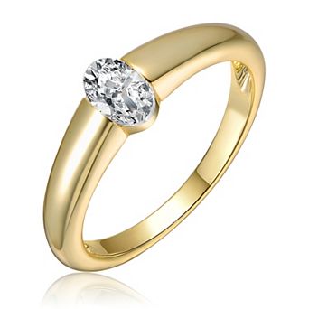14k Gold over Sterling Silver Simple Cubic Zirconia Solitaire Oval Ring