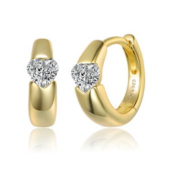 14k Gold over Sterling Silver Dainty Heart-Shaped Cubic Zirconia Huggie Hoop Earrings