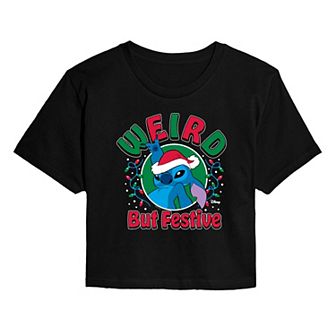 Juniors' Disney's Lilo & Stitch Weird But Festive Cropped Tee