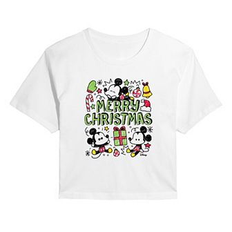 Juniors' Disney's Mickey Mouse Merry Christmas Cropped Tee