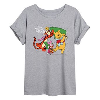 Juniors' Disney's Winnie The Pooh Christmas Tree Oversized Tee