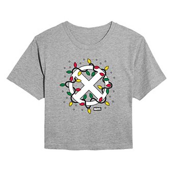 Juniors' Marvel X-Men Logo Christmas Lights Cropped Tee