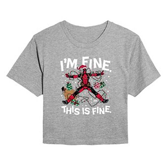 Juniors' Marvel Deadpool I'm Fine This Is Fine Cropped Tee