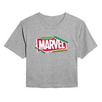 Juniors' Marvel Logo Christmas Cropped Tee