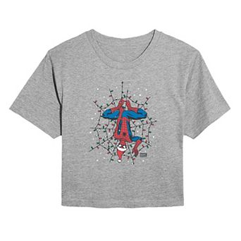 Juniors' Marvel Spider-Man Holiday Lights Cropped Tee