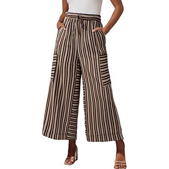 Women Drawstring Striped Loose Wide Leg Lounge Pants Palazzo Striped Trousers with Pockets