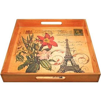 LIVEVIE Paris Themed Wooden Serving Tray 15" Square Elegant Platter