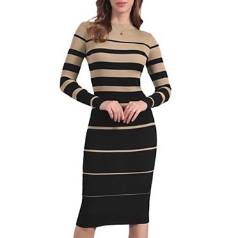 Women's Striped Sweater Dress Long Sleeve Stretchy Crew Neck Bodycon Ribbed Knit Fall Long Dresses
