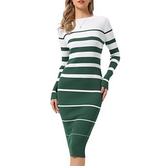 Women's Striped Sweater Dress Long Sleeve Stretchy Crew Neck Bodycon Ribbed Knit Fall Long Dresses