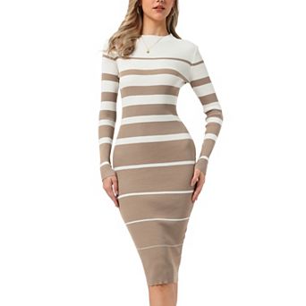 Women's Striped Sweater Dress Long Sleeve Stretchy Crew Neck Bodycon Ribbed Knit Fall Long Dresses